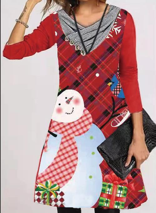 Women's Christmas Printed Long Sleeve Pullover Dress